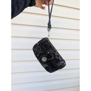 Coach Black Signature Canvas Wristlet Turnlock Closure Small Handbag